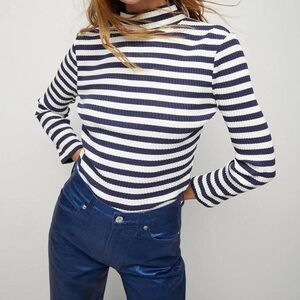 VERONICA BEARD Pierre Ribbed Knit Mock Tee in Off White / Marine Sz XS